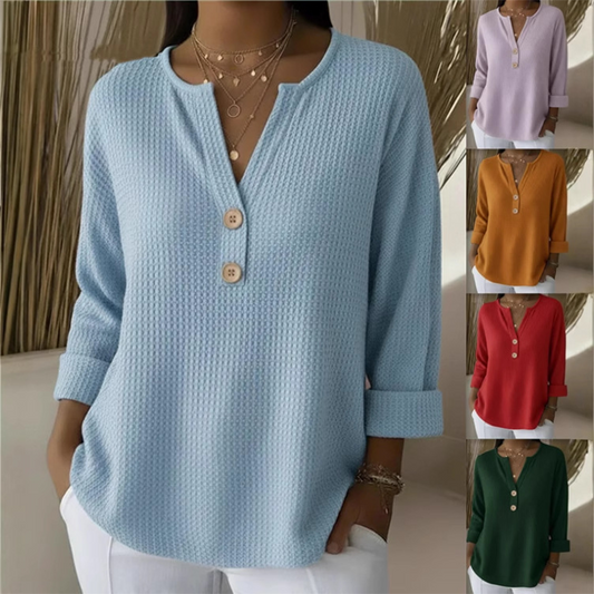 Ženske majice z gumbki in V-izrezom iz vafljevega pletenega materiala