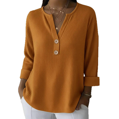 Ženske majice z gumbki in V-izrezom iz vafljevega pletenega materiala